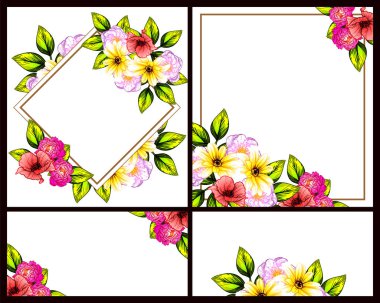 Klasik çiçek düğün kartları seti. Çiçek elementleri ve çerçeveleri.