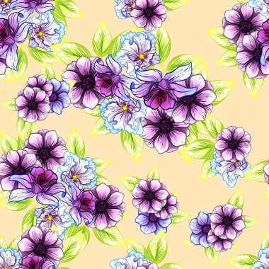 Sorunsuz vintage tarzı çiçek deseni. Renkli çiçek öğeleri