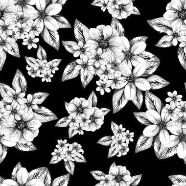 Sorunsuz vintage tarzı çiçek deseni. Siyah ve beyaz çiçek öğeleri.