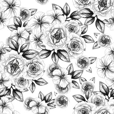 Sorunsuz vintage tarzı çiçek deseni. Siyah ve beyaz çiçek öğeleri.