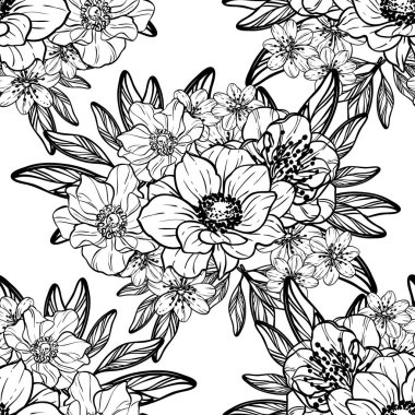Sorunsuz vintage tarzı çiçek deseni. Siyah ve beyaz çiçek öğeleri.