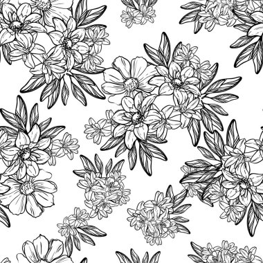 Sorunsuz vintage tarzı çiçek deseni. Siyah ve beyaz çiçek öğeleri.