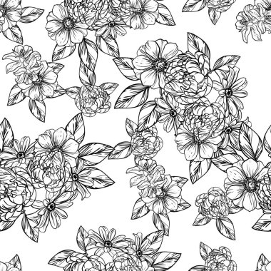 Sorunsuz vintage tarzı çiçek deseni. Siyah ve beyaz çiçek öğeleri.