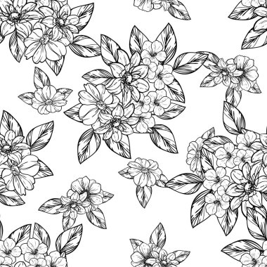 Sorunsuz vintage tarzı çiçek deseni. Siyah ve beyaz çiçek öğeleri.