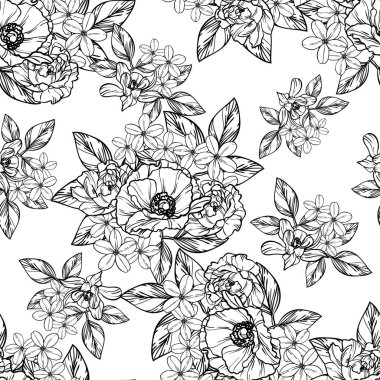 Sorunsuz vintage tarzı çiçek deseni. Siyah ve beyaz çiçek öğeleri.