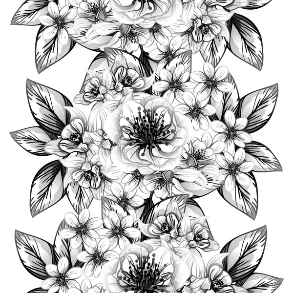 Modèle Fleur Style Vintage Sans Couture Eléments Floraux Noir Blanc — Image vectorielle