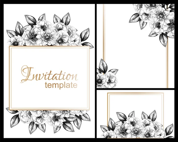 Cartes Mariage Fleurs Style Vintage Noir Blanc Eléments Floraux Cadres — Image vectorielle