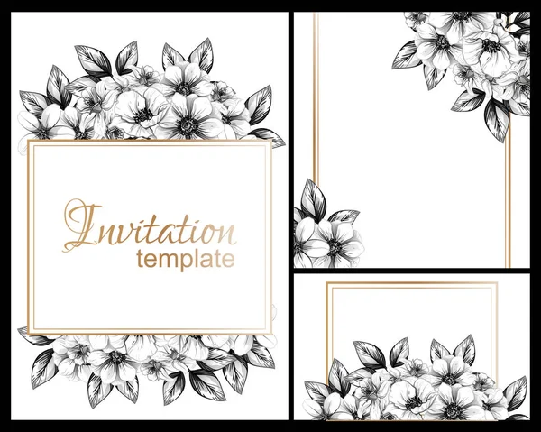 黒と白で設定されたヴィンテージスタイルの花の結婚式カード 花の要素とフレーム — ストックベクタ
