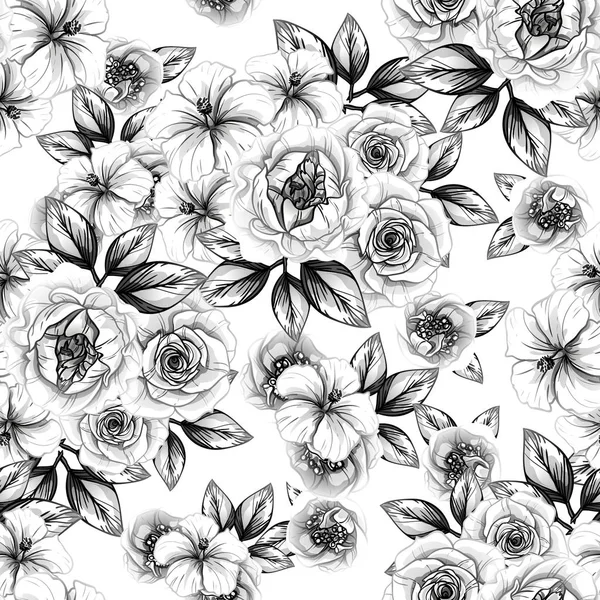 Sorunsuz vintage tarzı çiçek deseni. Siyah ve beyaz çiçek öğeleri.