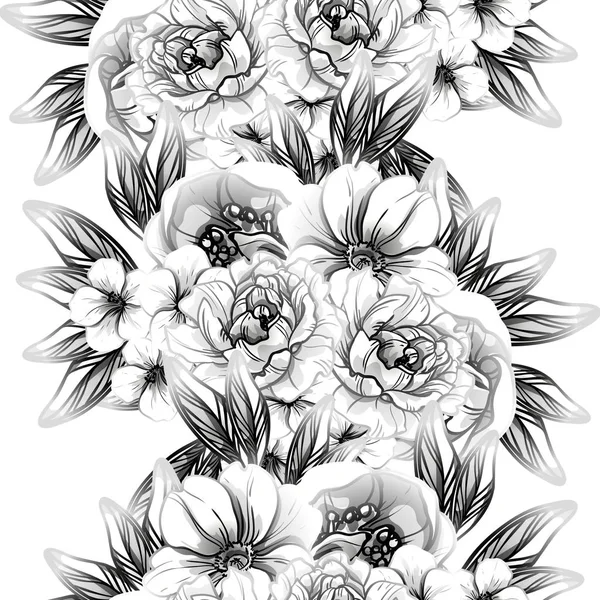 Modèle Fleur Style Vintage Sans Couture Eléments Floraux Noir Blanc — Image vectorielle