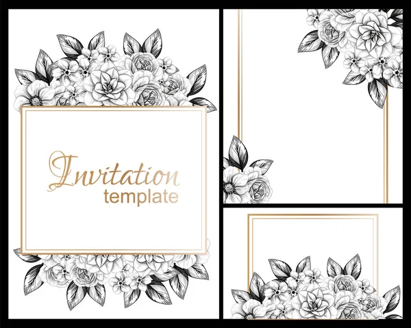 Cartes Mariage Fleurs Style Vintage Noir Blanc Eléments Floraux Cadres — Image vectorielle