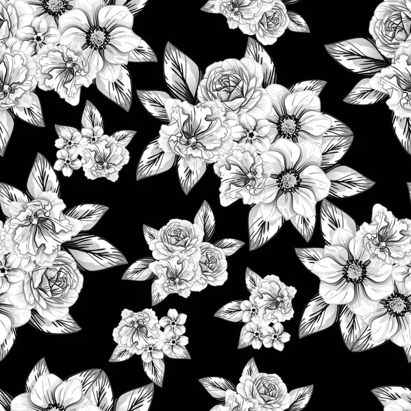 Naadloze Vintage Stijl Bloemenpatroon Floral Elementen Zwart Wit — Stockvector