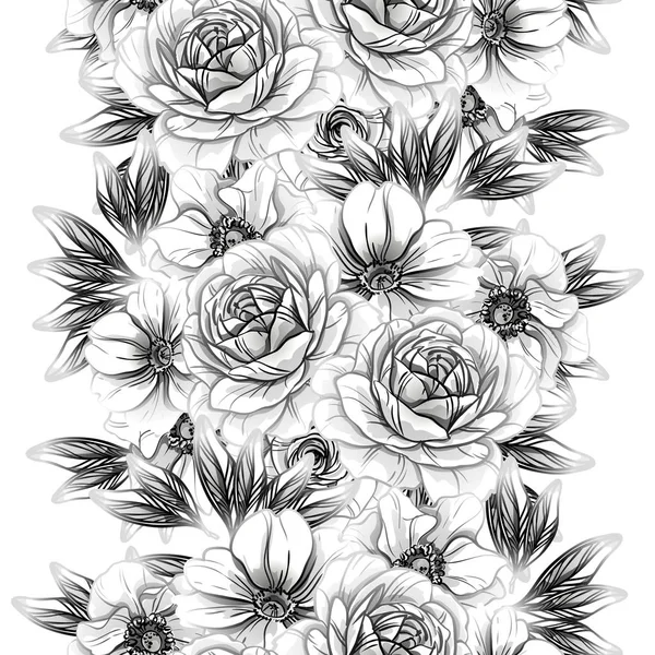 Patrón Flores Estilo Vintage Sin Costuras Elementos Florales Blanco Negro — Vector de stock