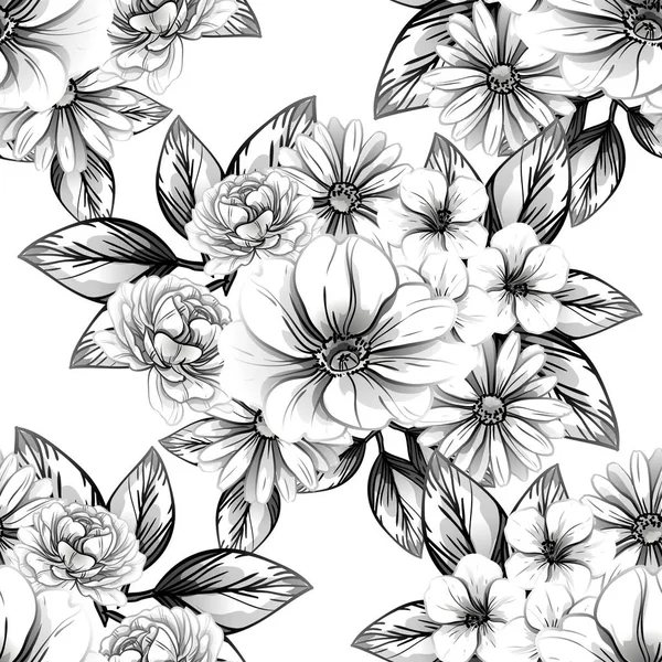 Modèle Fleur Style Vintage Sans Couture Eléments Floraux Noir Blanc — Image vectorielle