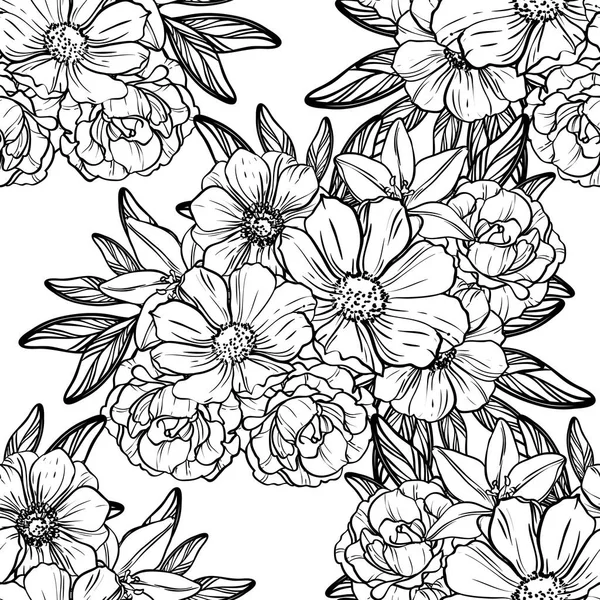 Patrón Flores Estilo Vintage Sin Costuras Elementos Florales Blanco Negro — Vector de stock