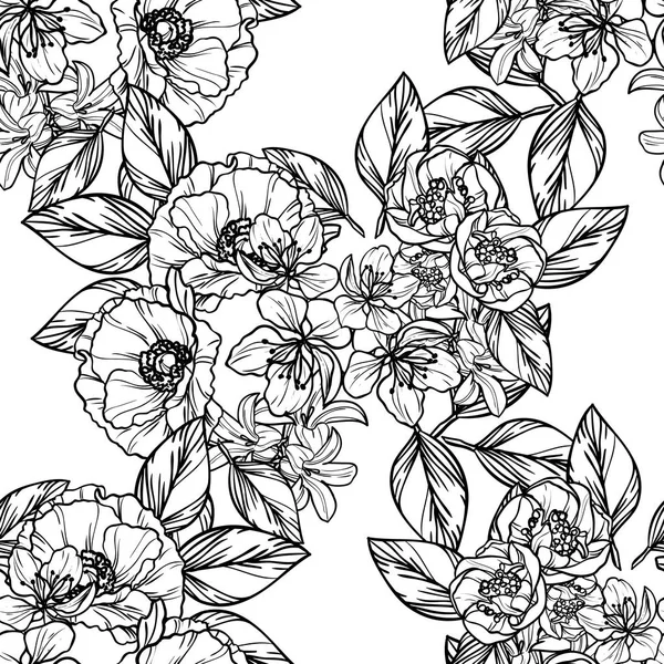 Patrón Flores Estilo Vintage Sin Costuras Elementos Florales Blanco Negro — Vector de stock