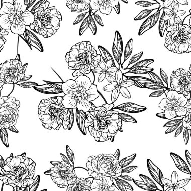 Sorunsuz vintage tarzı çiçek deseni. Siyah ve beyaz çiçek öğeleri.