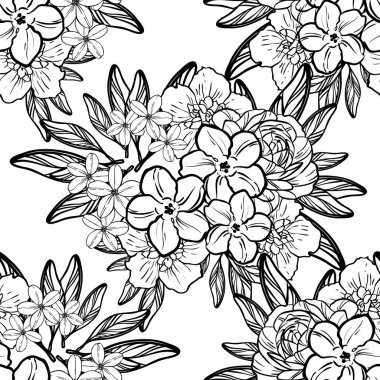 Sorunsuz vintage tarzı çiçek deseni. Siyah ve beyaz çiçek öğeleri.