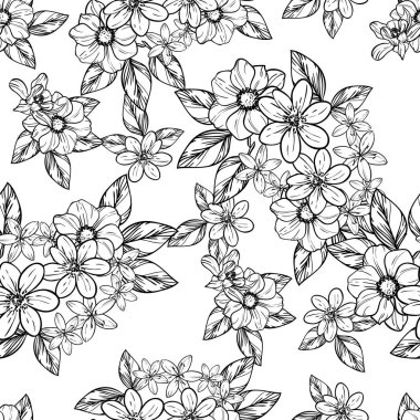 Sorunsuz vintage tarzı çiçek deseni. Siyah ve beyaz çiçek öğeleri.
