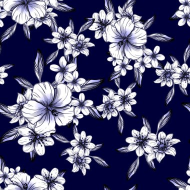 Sorunsuz vintage tarzı koyu mavi çiçek deseni. Çiçek öğeleri.