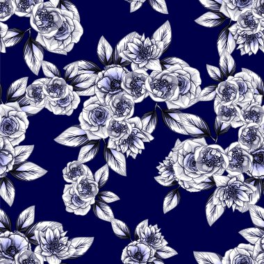 Sorunsuz vintage tarzı koyu mavi çiçek deseni. Çiçek öğeleri.