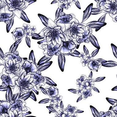 Sorunsuz vintage tarzı koyu mavi çiçek deseni. Çiçek öğeleri.