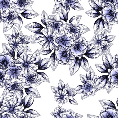 Sorunsuz vintage tarzı koyu mavi çiçek deseni. Çiçek öğeleri.