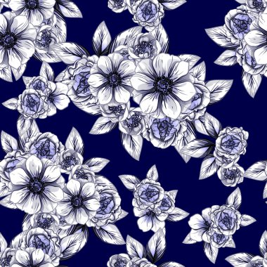 Sorunsuz vintage tarzı koyu mavi çiçek deseni. Çiçek öğeleri.