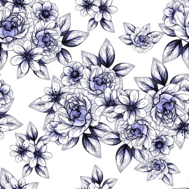 Sorunsuz vintage tarzı koyu mavi çiçek deseni. Çiçek öğeleri.