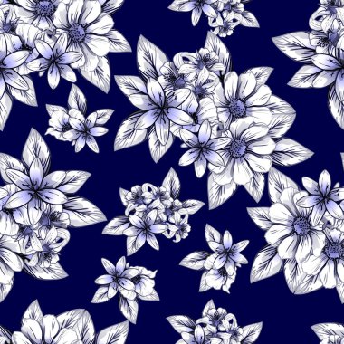 Sorunsuz vintage tarzı koyu mavi çiçek deseni. Çiçek öğeleri.
