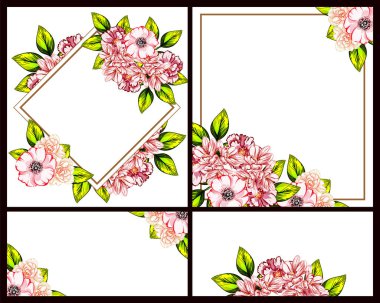 Klasik çiçek düğün kartları seti. Çiçek elementleri ve çerçeveleri.