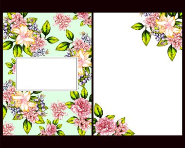 Klasik çiçek düğün kartları seti. Çiçek elementleri ve çerçeveleri.