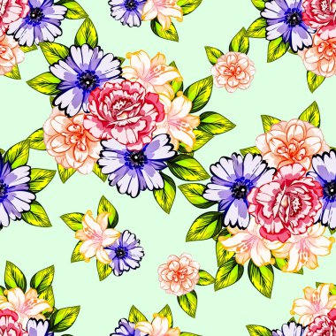 Sorunsuz vintage tarzı çiçek deseni. Renkli çiçek öğeleri