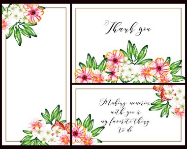 Klasik çiçek düğün kartları seti. Çiçek elementleri ve çerçeveleri.