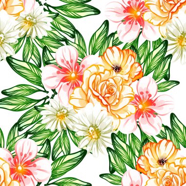 Sorunsuz vintage tarzı çiçek deseni. Renkli çiçek öğeleri