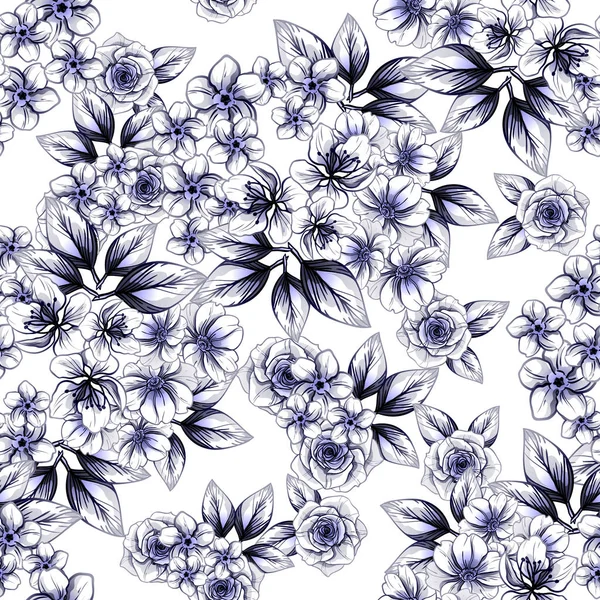 Naadloze Vintage Stijl Donker Blauwe Bloemenpatroon Floral Elementen — Stockvector