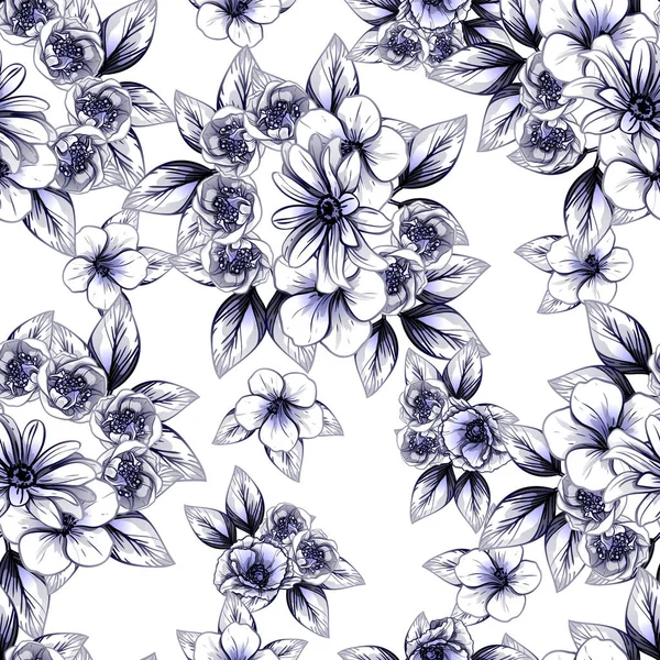 Estilo Vintage Sin Costuras Patrón Flores Azul Oscuro Elementos Florales — Vector de stock