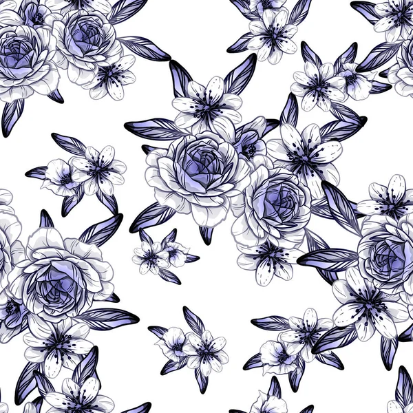 Style Vintage Sans Couture Motif Fleurs Bleu Foncé Éléments Floraux — Image vectorielle