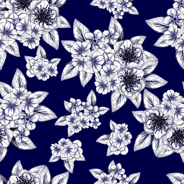 Estilo Vintage Sin Costuras Patrón Flores Azul Oscuro Elementos Florales — Vector de stock