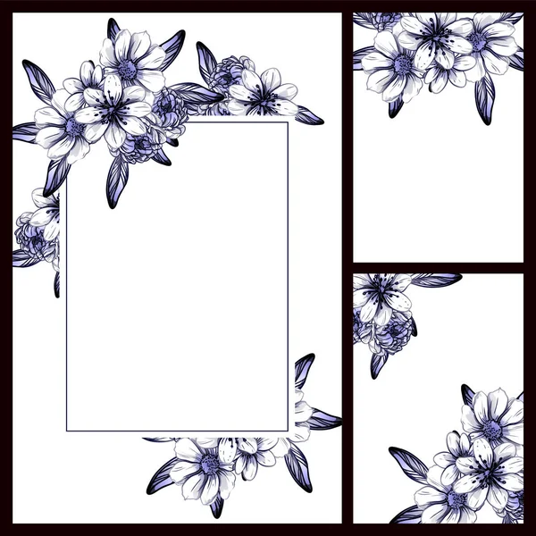 Vintage Style Flower Dark Blue Wedding Cards Set Floral Elements — Stock Vector