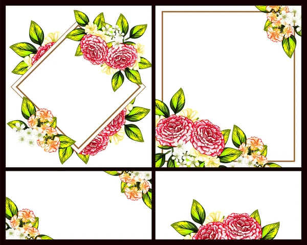 Klasik Çiçek Düğün Kartları Seti Çiçek Elementleri Çerçeveleri — Stok Vektör
