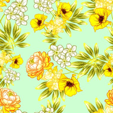 Sorunsuz vintage tarzı çiçek deseni. Renkli çiçek öğeleri