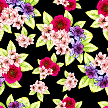 Sorunsuz vintage tarzı çiçek deseni. Renkli çiçek öğeleri