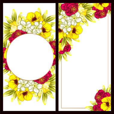 Klasik çiçek düğün kartları seti. Çiçek elementleri ve çerçeveleri.