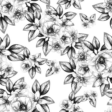 Sorunsuz vintage tarzı çiçek deseni. Siyah ve beyaz çiçek öğeleri.