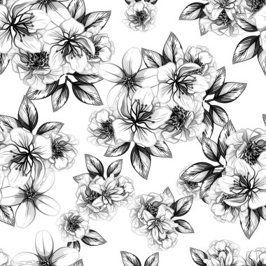 Sorunsuz vintage tarzı çiçek deseni. Siyah ve beyaz çiçek öğeleri.