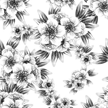 Sorunsuz vintage tarzı çiçek deseni. Siyah ve beyaz çiçek öğeleri.