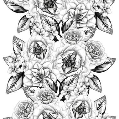 Sorunsuz vintage tarzı çiçek deseni. Siyah ve beyaz çiçek öğeleri.