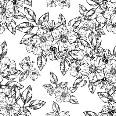 Sorunsuz vintage tarzı çiçek deseni. Siyah ve beyaz çiçek öğeleri.