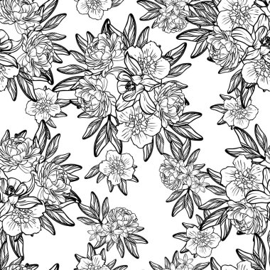 Sorunsuz vintage tarzı çiçek deseni. Siyah ve beyaz çiçek öğeleri.